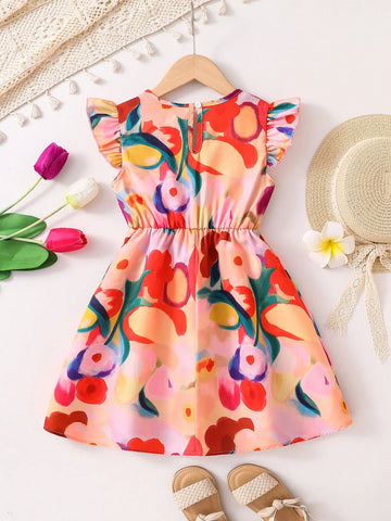 Girls Fashion Minimalist Summer Dress, Young Girl Flower & Leaf Decor Zip-Up Cap Sleeve Belted Mid-Length Casual Soft Versatile Dress