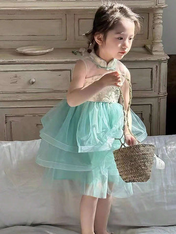 Girl's Fashion Multi-Layer Mesh Trim Dress, Toddler Summer Casual Sundress