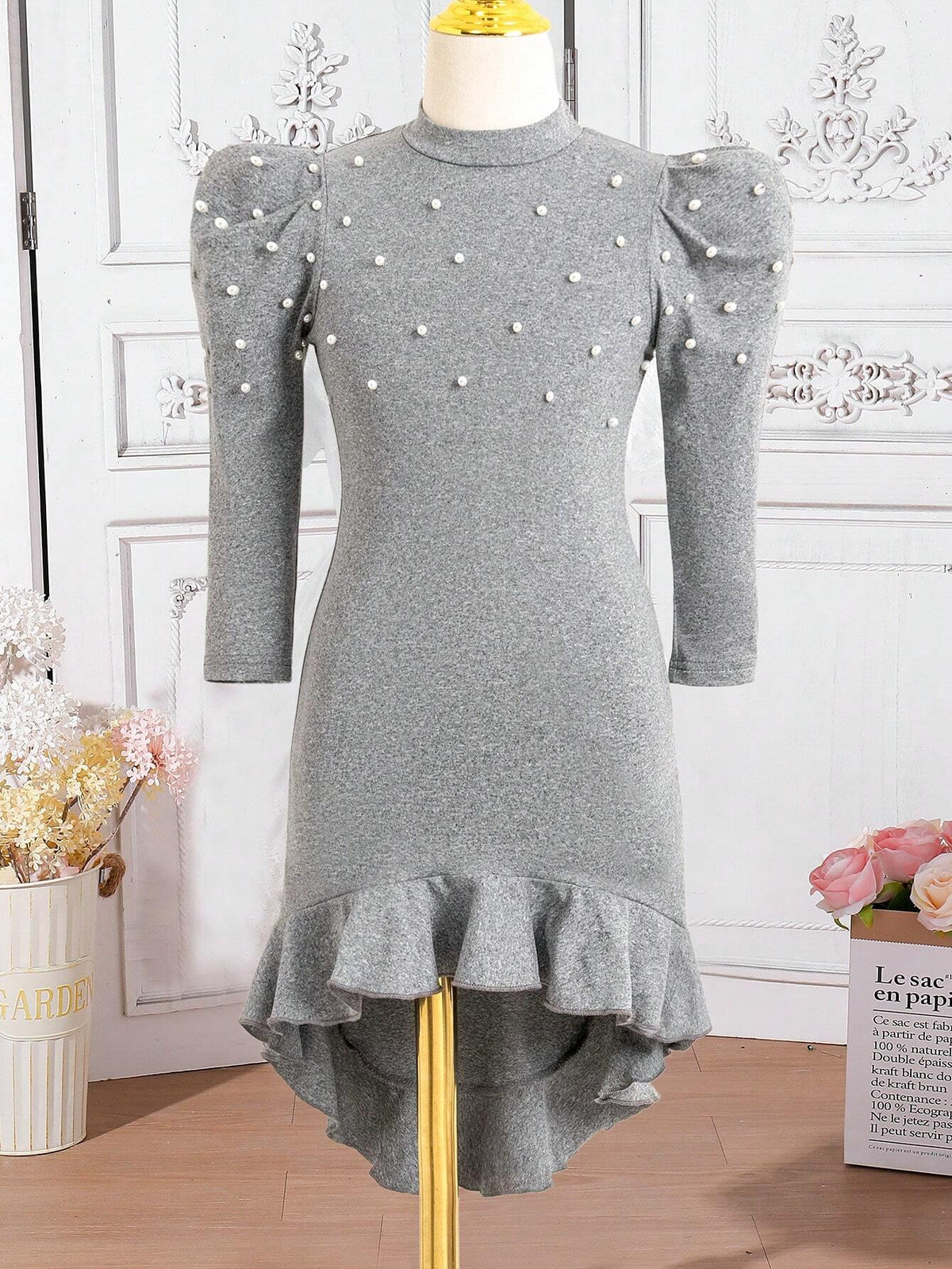 Girls Fashion Ruffled Hem Knit Long Sleeve Bodycon Dress For Spring, Autumn, Winter