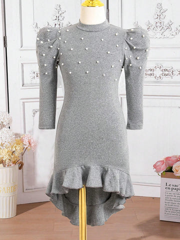 Girls Fashion Ruffled Hem Knit Long Sleeve Bodycon Dress For Spring, Autumn, Winter