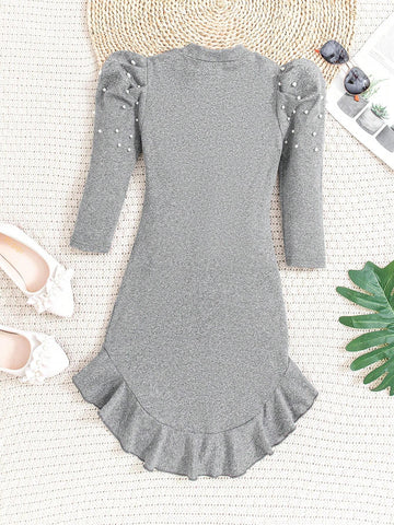 Girls Fashion Ruffled Hem Knit Long Sleeve Bodycon Dress For Spring, Autumn, Winter