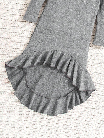 Girls Fashion Ruffled Hem Knit Long Sleeve Bodycon Dress For Spring, Autumn, Winter