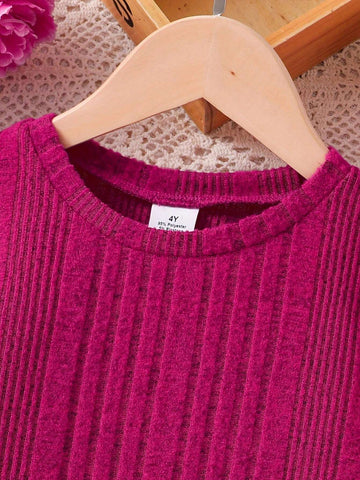 Girls' Fashion Simple Spring&Fall Dress, Young Girl Solid Vertical Stripe Round Neck Long Sleeve Knit Mid-Length Casual Dress