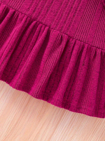 Girls' Fashion Simple Spring&Fall Dress, Young Girl Solid Vertical Stripe Round Neck Long Sleeve Knit Mid-Length Casual Dress