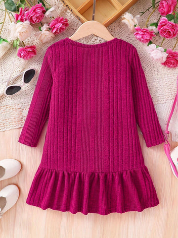 Girls' Fashion Simple Spring&Fall Dress, Young Girl Solid Vertical Stripe Round Neck Long Sleeve Knit Mid-Length Casual Dress