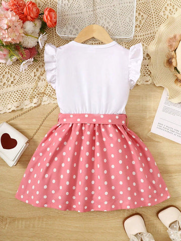 Girls' Fashion Sleeveless Dress With Heart & Polka Dot Applique, Round Neck, Summer