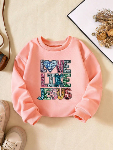 Girls' Fashion Slogan Print Casual Pullover Sweatshirt, Suitable For Spring, Autumn & Winter