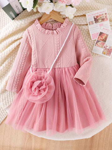 Girls Fashion Sweet Lace Collar Long Sleeve Thick Splicing Yarn Dress Spring And Autumn