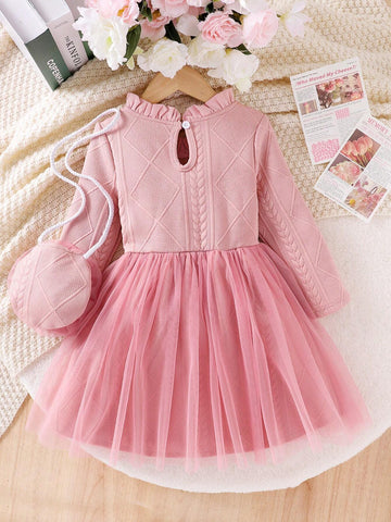 Girls Fashion Sweet Lace Collar Long Sleeve Thick Splicing Yarn Dress Spring And Autumn