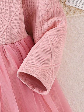 Girls Fashion Sweet Lace Collar Long Sleeve Thick Splicing Yarn Dress Spring And Autumn