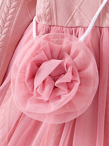 Girls Fashion Sweet Lace Collar Long Sleeve Thick Splicing Yarn Dress Spring And Autumn