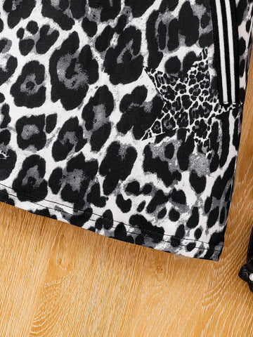Girls Fashion Trend Spring/Autumn Outfit, Young Girl Leopard & Star All Over Print Crew Neck Long Sleeve Midi Dress