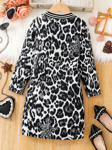 Girls Fashion Trend Spring/Autumn Outfit, Young Girl Leopard & Star All Over Print Crew Neck Long Sleeve Midi Dress