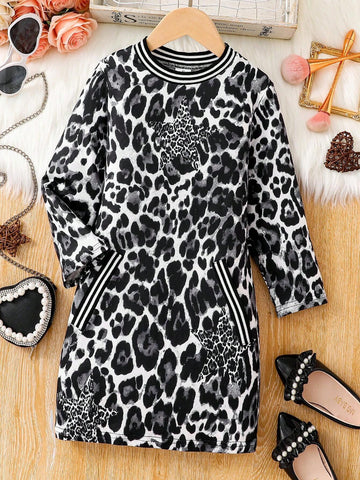 Girls Fashion Trend Spring/Autumn Outfit, Young Girl Leopard & Star All Over Print Crew Neck Long Sleeve Midi Dress