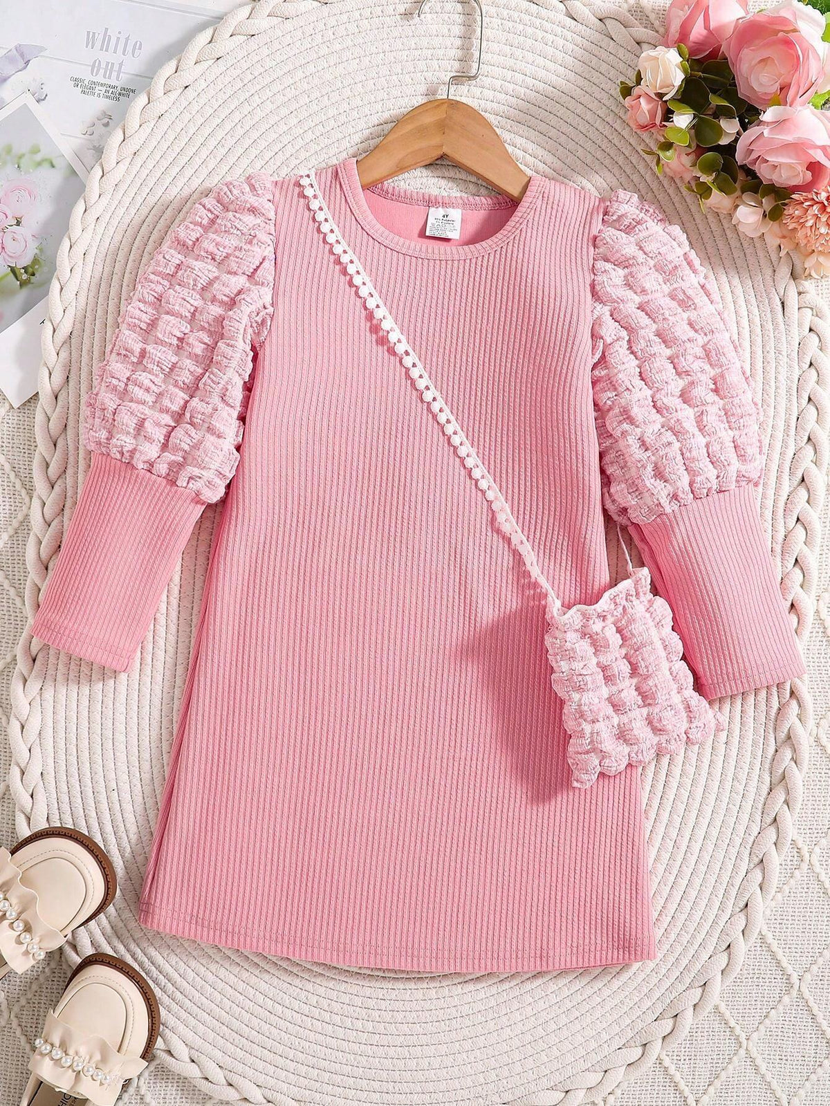Girls' Fashion Trendy Spring & Autumn Dress With Small Sling Bag; Girls' Round Neck Long Sleeve Puff Sleeve Plaid Mid-Length Dress
