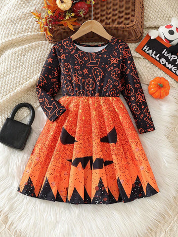 Girls Fashion Western Halloween Patterns Printed Long-Sleeved Dress Suit Autumn And Winter