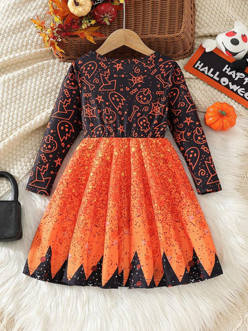 Girls Fashion Western Halloween Patterns Printed Long-Sleeved Dress Suit Autumn And Winter