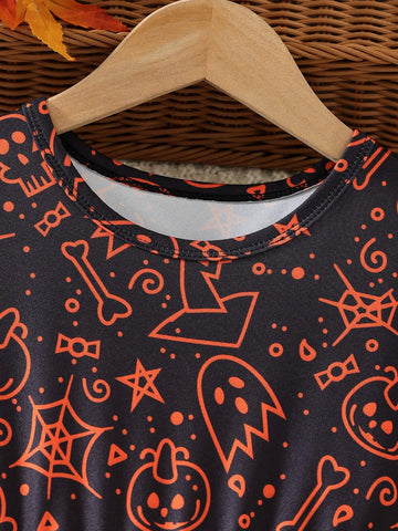 Girls Fashion Western Halloween Patterns Printed Long-Sleeved Dress Suit Autumn And Winter