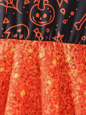 Girls Fashion Western Halloween Patterns Printed Long-Sleeved Dress Suit Autumn And Winter