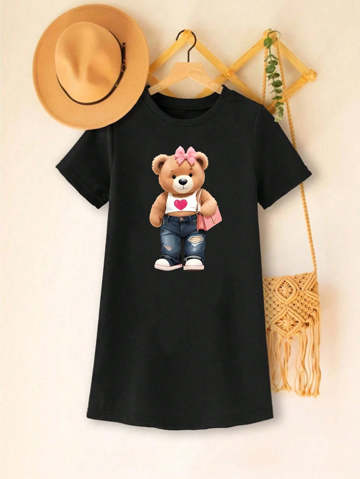 Girls' Fashionable And Cute Bear Printed Short Sleeve Dress For Toddlers