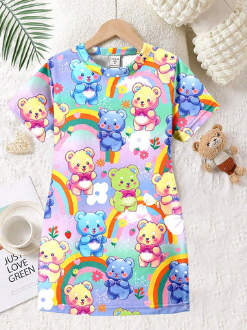Girls' Fashionable And Cute Cartoon Colorful Teddy Bear Printed Short Sleeve T-Shirt Dress
