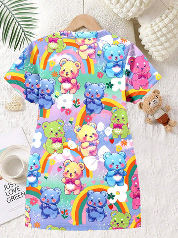 Girls' Fashionable And Cute Cartoon Colorful Teddy Bear Printed Short Sleeve T-Shirt Dress