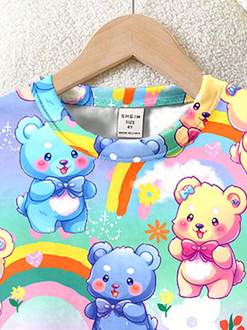 Girls' Fashionable And Cute Cartoon Colorful Teddy Bear Printed Short Sleeve T-Shirt Dress
