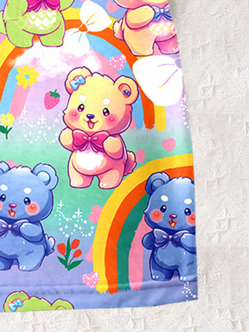 Girls' Fashionable And Cute Cartoon Colorful Teddy Bear Printed Short Sleeve T-Shirt Dress