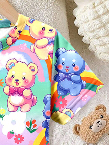 Girls' Fashionable And Cute Cartoon Colorful Teddy Bear Printed Short Sleeve T-Shirt Dress