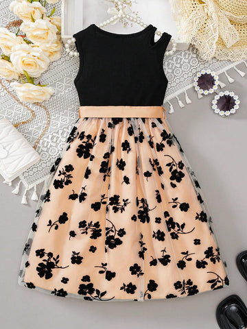 Girls Fashionable And Elegant Lace Bow Belt Sleeveless Hollow Dress Suitable For Summer Holiday Party