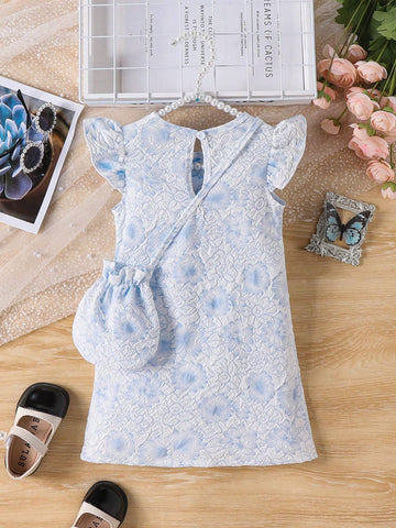 Girls' Fashionable Cap Sleeve Dress With Embossed Floral Print And Water Drop Buckle Detail + Bag