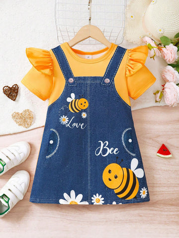 Girls' Fashionable Casual Cute Ruffle Hem Short Sleeve Dress, Printed With Faux Twinset Pattern, For Summer