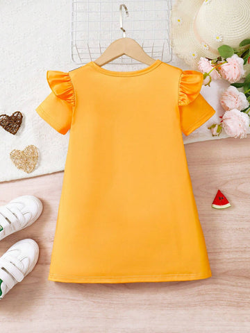 Girls' Fashionable Casual Cute Ruffle Hem Short Sleeve Dress, Printed With Faux Twinset Pattern, For Summer