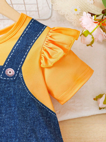 Girls' Fashionable Casual Cute Ruffle Hem Short Sleeve Dress, Printed With Faux Twinset Pattern, For Summer