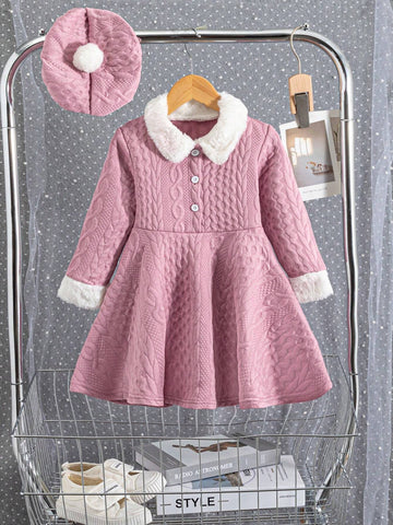 Girls' Fashionable Casual Elegant Knit Jacquard Faux Fur Fabric Colorblock Dress With Matching Beret Hat, Suitable For Birthday Gift, New Year Gift, Party, Travel, Daily Wear, Suitable For Autumn, Spring, Stylish, Trendy, Cute, Fits Girls
