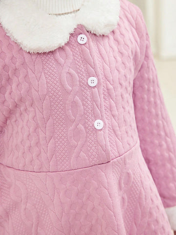 Girls' Fashionable Casual Elegant Knit Jacquard Faux Fur Fabric Colorblock Dress With Matching Beret Hat, Suitable For Birthday Gift, New Year Gift, Party, Travel, Daily Wear, Suitable For Autumn, Spring, Stylish, Trendy, Cute, Fits Girls