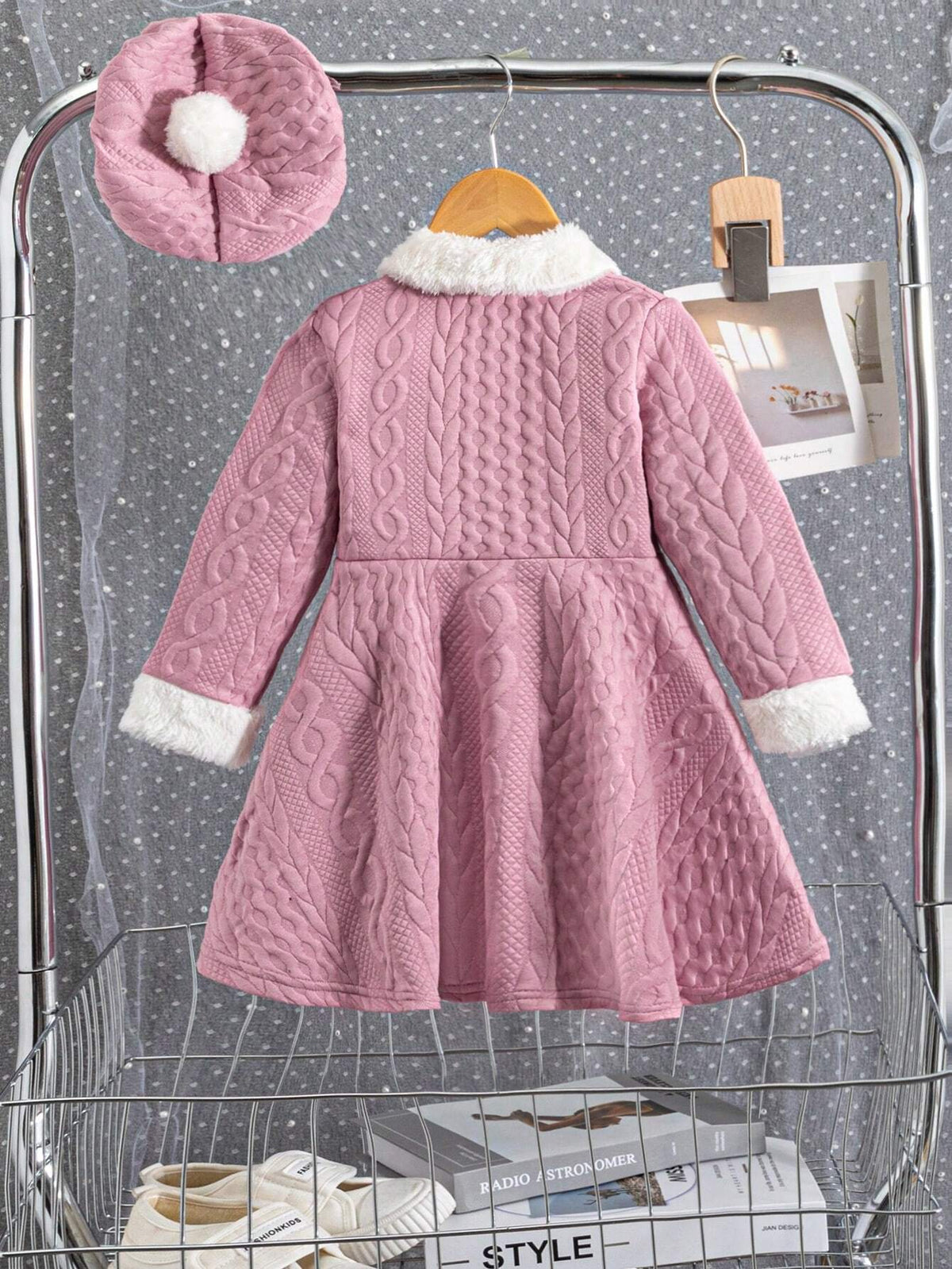 Girls' Fashionable Casual Elegant Knit Jacquard Faux Fur Fabric Colorblock Dress With Matching Beret Hat, Suitable For Birthday Gift, New Year Gift, Party, Travel, Daily Wear, Suitable For Autumn, Spring, Stylish, Trendy, Cute, Fits Girls