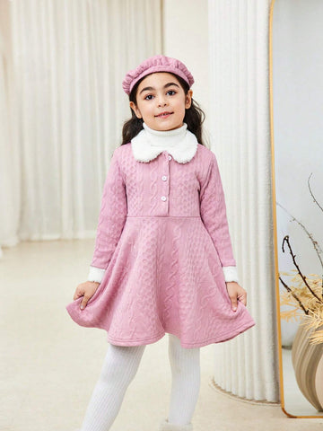 Girls' Fashionable Casual Elegant Knit Jacquard Faux Fur Fabric Colorblock Dress With Matching Beret Hat, Suitable For Birthday Gift, New Year Gift, Party, Travel, Daily Wear, Suitable For Autumn, Spring, Stylish, Trendy, Cute, Fits Girls