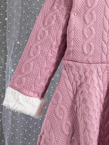 Girls' Fashionable Casual Elegant Knit Jacquard Faux Fur Fabric Colorblock Dress With Matching Beret Hat, Suitable For Birthday Gift, New Year Gift, Party, Travel, Daily Wear, Suitable For Autumn, Spring, Stylish, Trendy, Cute, Fits Girls