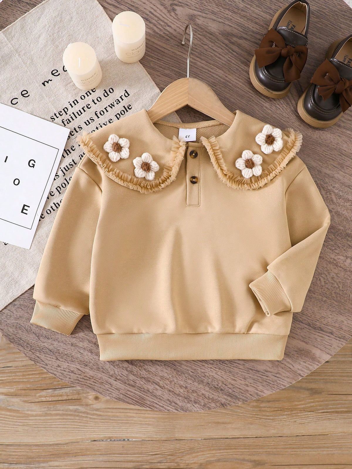 Girls' Fashionable Casual Khaki Tulle Collar 3D Floral Sweatshirt Top, Versatile Daily Wear
