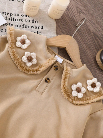 Girls' Fashionable Casual Khaki Tulle Collar 3D Floral Sweatshirt Top, Versatile Daily Wear