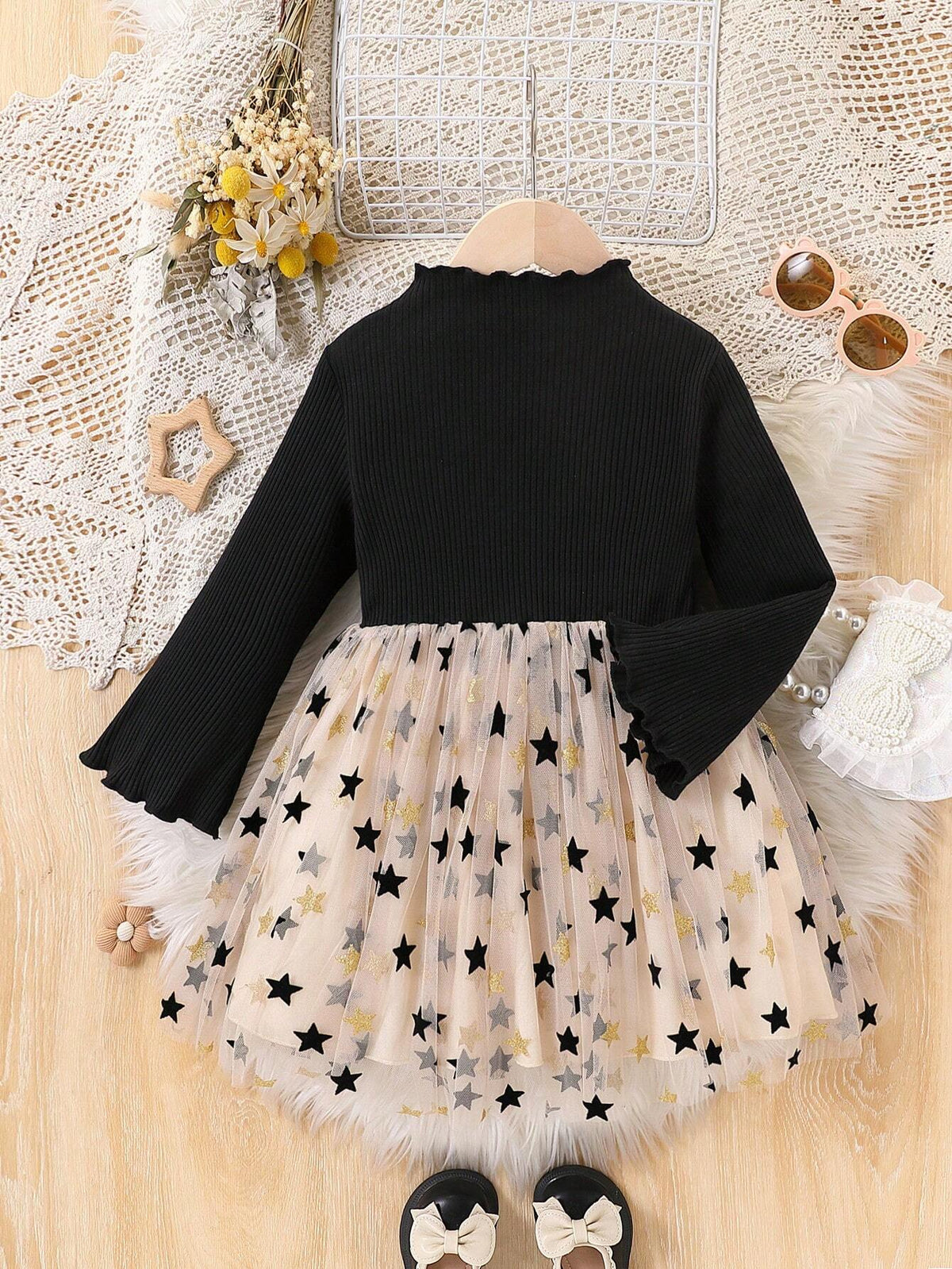 Girls Fashionable Casual Solid Color Ribbed Knit Patchwork Star Flocked Mesh Hem Bell Sleeve Dress