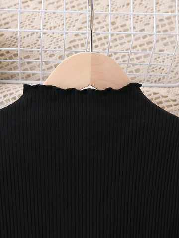 Girls Fashionable Casual Solid Color Ribbed Knit Patchwork Star Flocked Mesh Hem Bell Sleeve Dress
