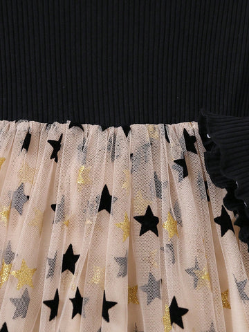 Girls Fashionable Casual Solid Color Ribbed Knit Patchwork Star Flocked Mesh Hem Bell Sleeve Dress