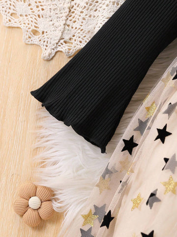 Girls Fashionable Casual Solid Color Ribbed Knit Patchwork Star Flocked Mesh Hem Bell Sleeve Dress