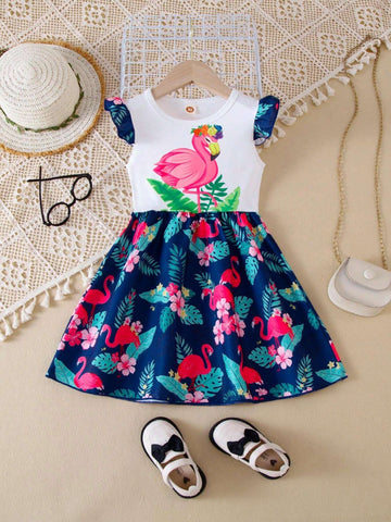 Girls' Fashionable Color Block Princess Dress, Featuring Flamingo Digital Print, Short Sleeves, Knee-Length Flared Skirt, Top-Notch Spring/Summer Outfit, Lightweight Mate