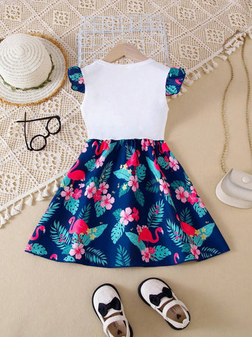 Girls' Fashionable Color Block Princess Dress, Featuring Flamingo Digital Print, Short Sleeves, Knee-Length Flared Skirt, Top-Notch Spring/Summer Outfit, Lightweight Mate