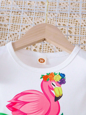 Girls' Fashionable Color Block Princess Dress, Featuring Flamingo Digital Print, Short Sleeves, Knee-Length Flared Skirt, Top-Notch Spring/Summer Outfit, Lightweight Mate