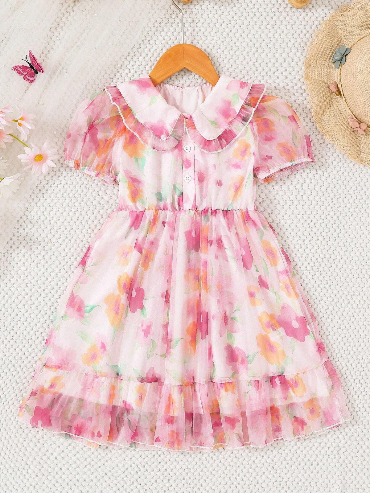 Girls" Fashionable Doll Collar Short Sleeve Floral Printed Dress For Summer Parties And Holidays
