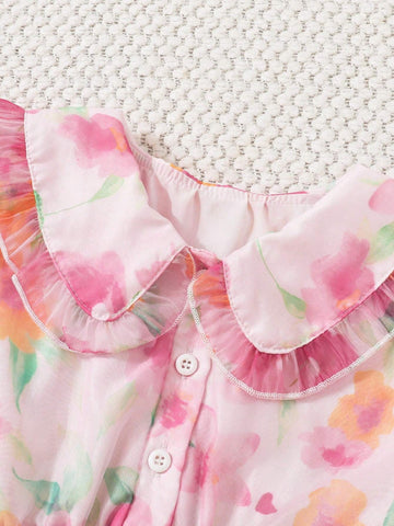 Girls" Fashionable Doll Collar Short Sleeve Floral Printed Dress For Summer Parties And Holidays